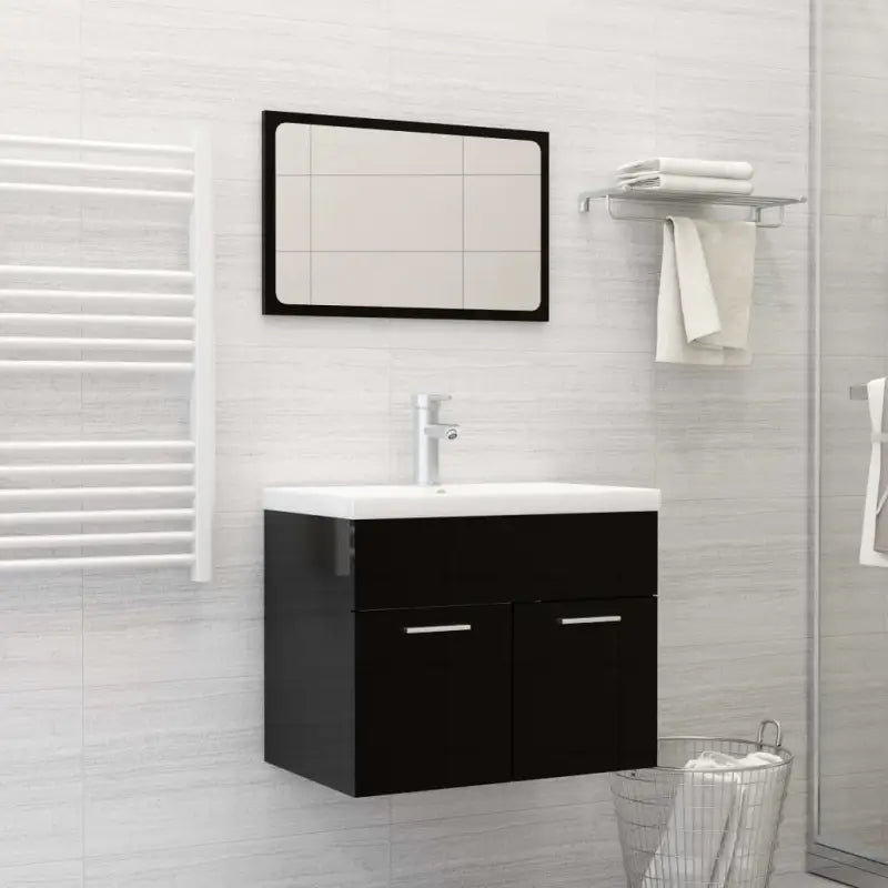 Trendy badkamermeubelset met bewerkt hout en wit materiaal - Hoogglans zwart / 60 x 38.5 x 46 cm - Badkamermeubelsets
