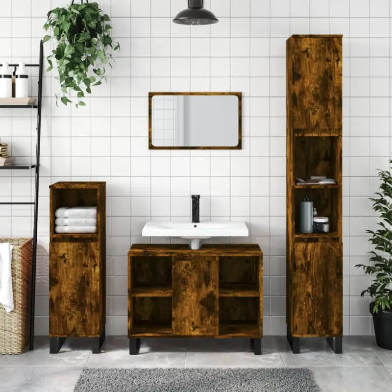 Trendy badkamerset met ijzeren poten en bewerkt hout - Gerookt eiken - Badkamermeubelsets