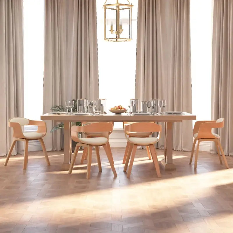 Trendy eetkamerstoelen met gebogen hout en kunstleer voor comfort - Crème en lichtbruin / 6 - Eetkamerstoelen