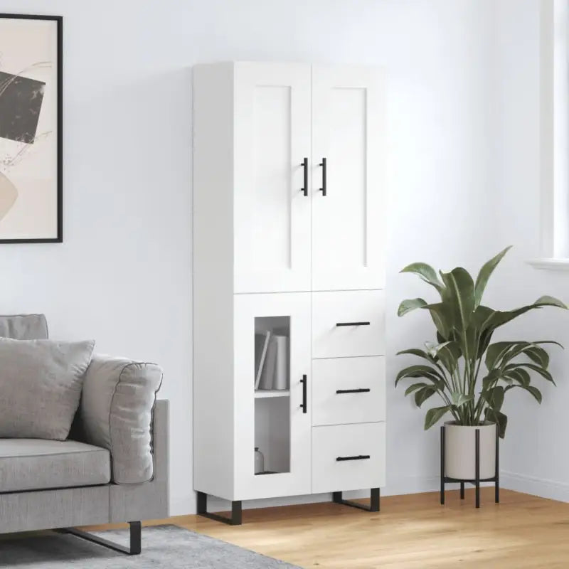 Trendy hoge kast in bewerkt hout met duurzame en stabiele afwerking - Wit / 1 / 1 glazen deur 3 lades - Dressoirs &