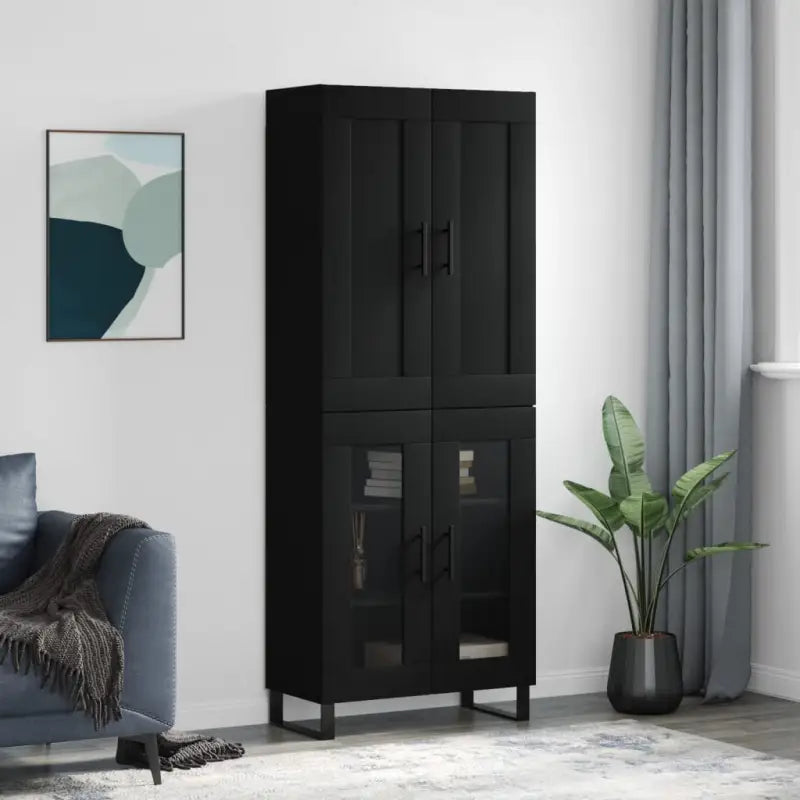 Trendy hoge kast in bewerkt hout met duurzame en stabiele afwerking - Zwart / 1 / 2 glazen deuren - Dressoirs &