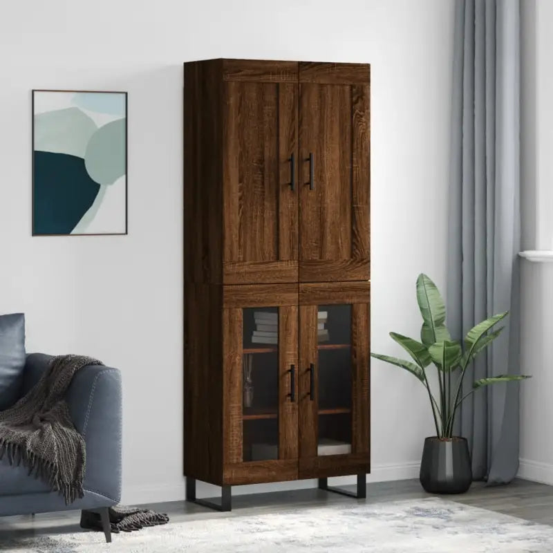 Trendy hoge kast in bewerkt hout met duurzame en stabiele afwerking - bruin eikenkleur / 1 / 2 glazen deuren
