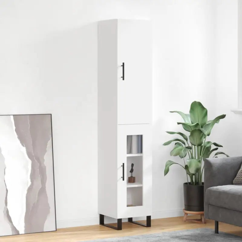 Trendy hoge kast in bewerkt hout met duurzame en stabiele kwaliteit - Wit / 1 / 1 glazen deur - Dressoirs & buffetkasten