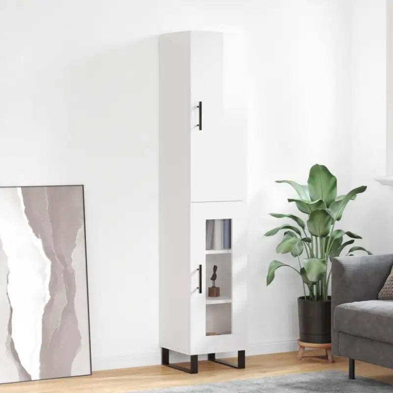 Trendy hoge kast in bewerkt hout met duurzame en stabiele kwaliteit - Hoogglans wit / 1 / 1 glazen deur - Dressoirs &
