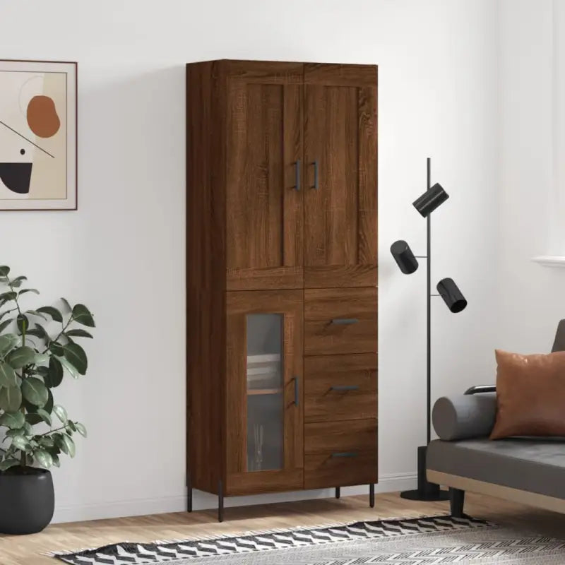 Trendy hoge kast van bewerkt hout met duurzame charme - bruin eikenkleur / 1 / 1 glazen deur 3 lades - Dressoirs &