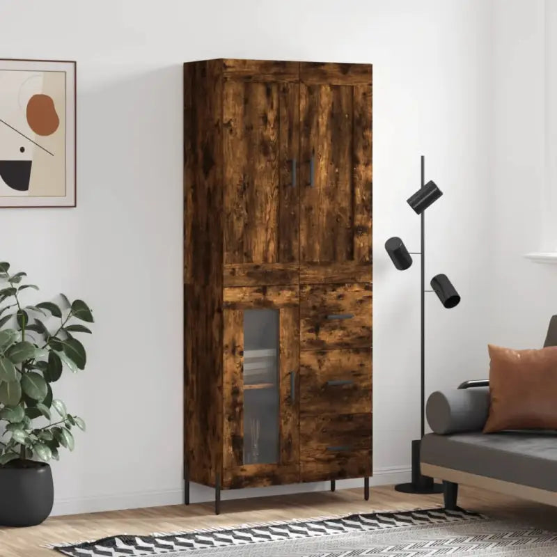 Trendy hoge kast van bewerkt hout met duurzame charme - Gerookt eiken / 1 / 1 glazen deur 3 lades - Dressoirs &
