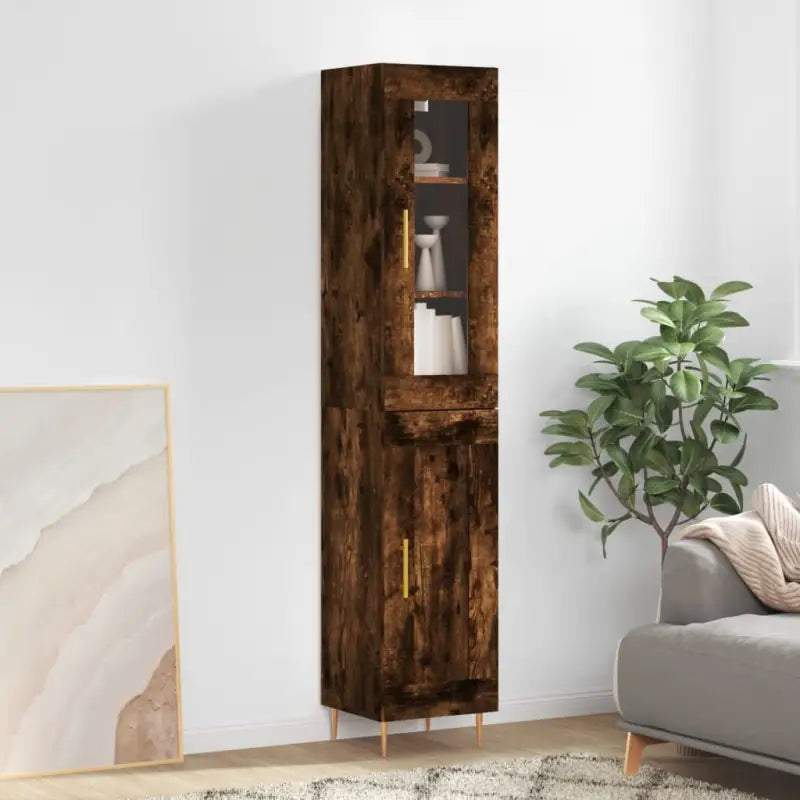 Trendy hoge kast van bewerkt hout met duurzame charme - Gerookt eiken / 1 / 1 houten deur - Dressoirs & buffetkasten