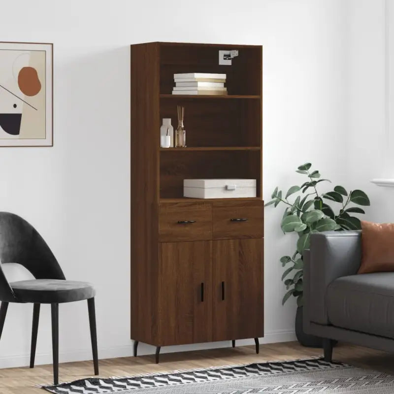 Trendy hoge kast van bewerkt hout met duurzame en stabiele constructie - bruin eikenkleur / 1 / 2 deuren 2 lades