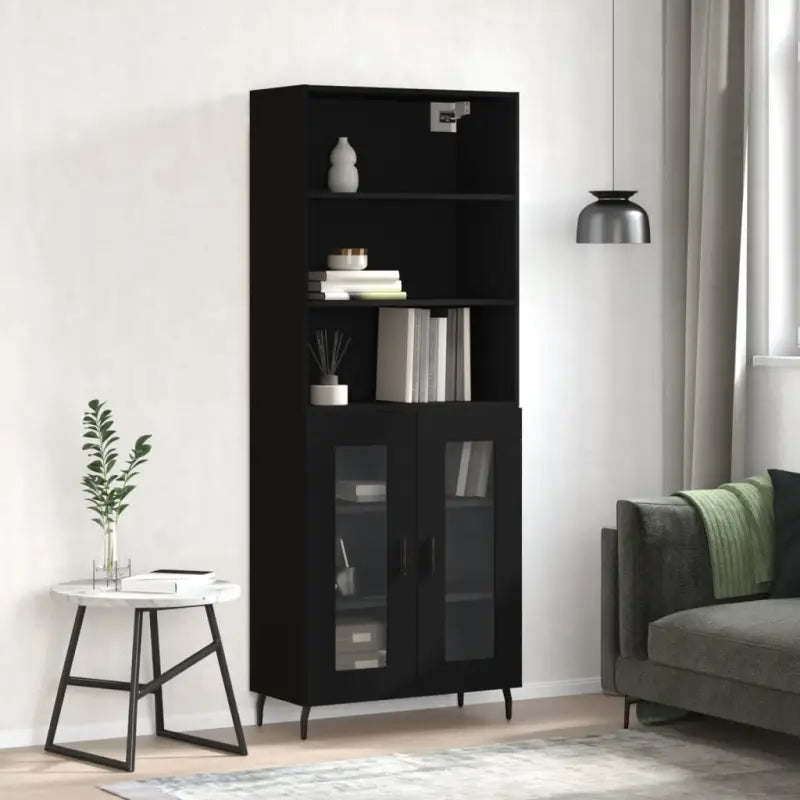 Trendy hoge kast van bewerkt hout met duurzame en stabiele constructie - Zwart / 1 / 2 glazen deuren - Dressoirs &