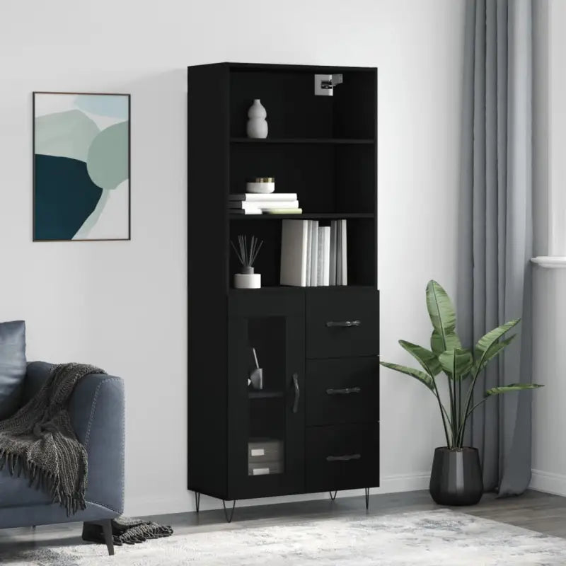 Trendy hoge kast van duurzaam bewerkt hout met charmante uitstraling - Zwart / 1 / 1 glazen deur 3 lades - Dressoirs &