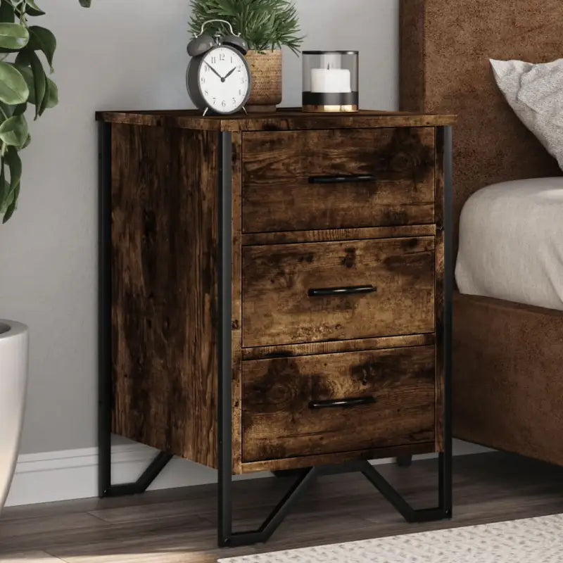 Trendy nachtkastje met metalen poten en bewerkt hout voor een strak interieur - Gerookt eiken / 1 - Nachtkastjes