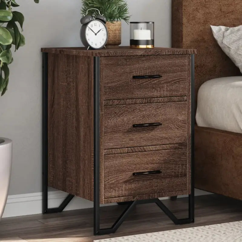 Trendy nachtkastje met metalen poten en bewerkt hout voor een strak interieur - bruin eikenkleur / 1 - Nachtkastjes