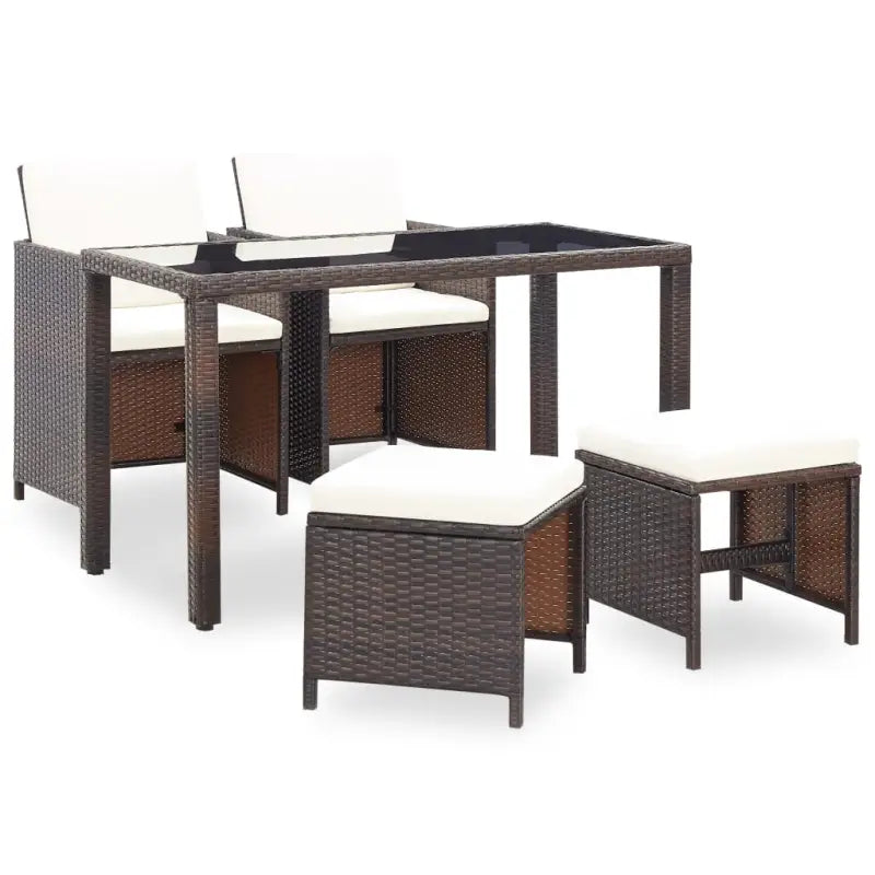 Trendy Rattan Tuinset met Glazen Tafelblad en Inclusief Kussens - Bruin / 2x Fauteuil + 2x voetensteun + Tafel