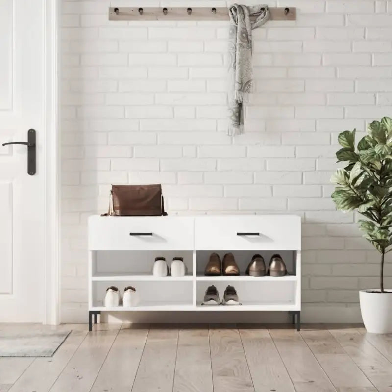 Trendy schoenenrek met ijzeren poten en hoogglans wit bewerkt hout - Schoenenrekken