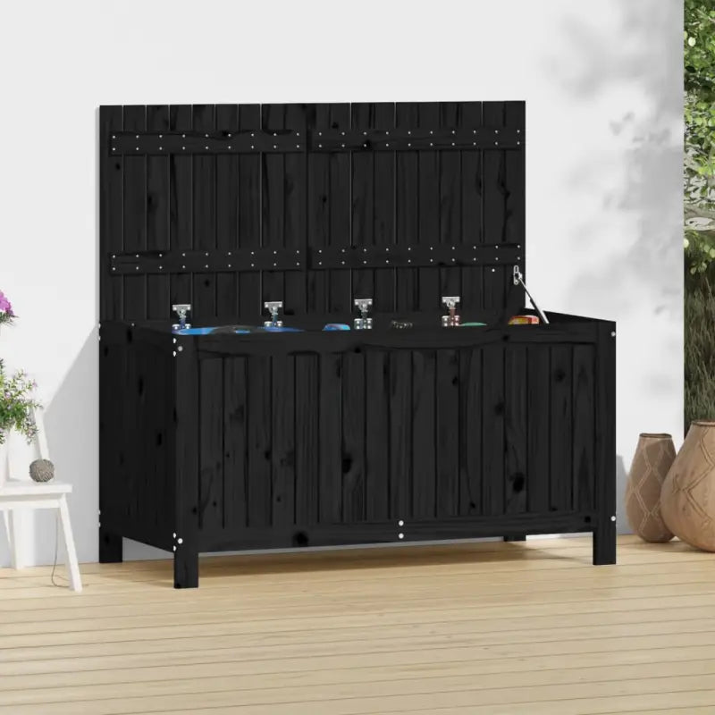 Tuinbox van massief grenenhout met hydraulische gaslift - Zwart grenenhout / 121 x 55 x 64 cm - Opbergboxen voor buiten