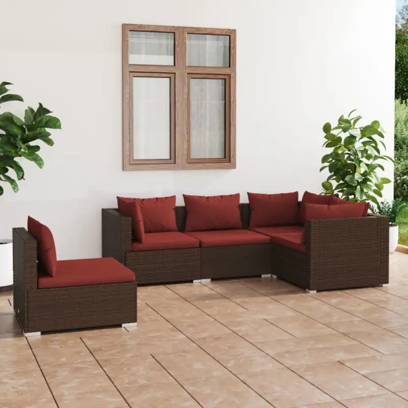Tuinset met comfortabele zitkussens en optimale diepte zitting - Bruin en kaneelrood / 3x hoek + 2x midden - Tuinsets