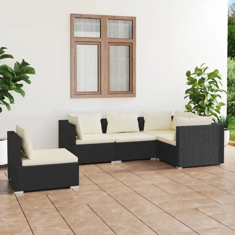 Tuinset met comfortabele zitkussens en optimale diepte zitting - Zwart en crème / 3x hoek + 2x midden - Tuinsets