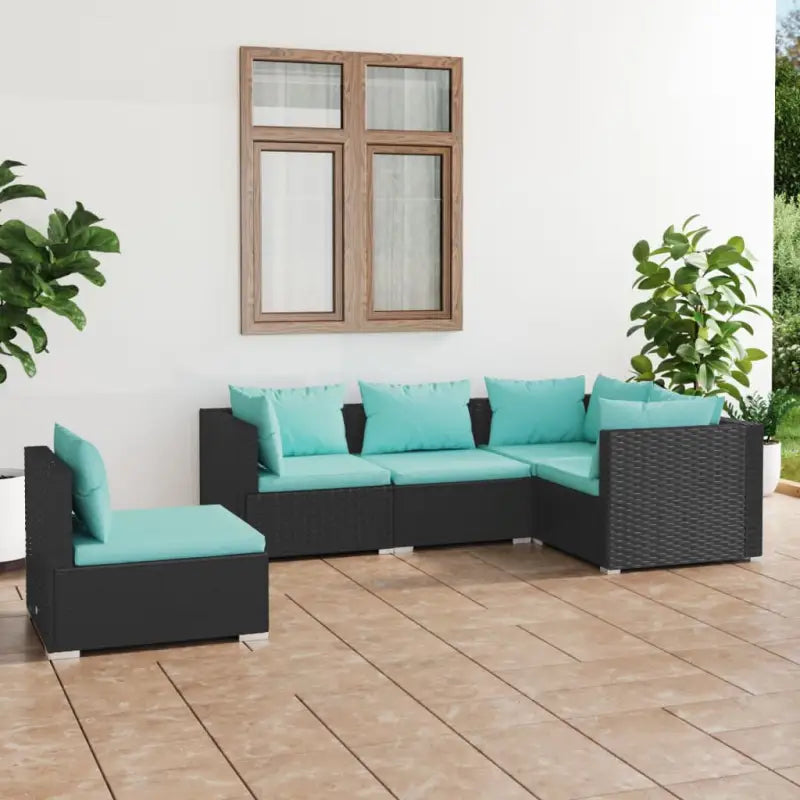 Tuinset met comfortabele zitkussens en optimale diepte zitting - Zwart en waterblauw / 3x hoek + 2x midden - Tuinsets