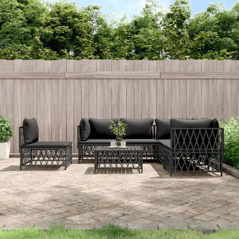 Tuinset met geweven stof en wit materiaal met gepoedercoat staal - Antraciet / 3x hoek + 2x midden + Tafel - Tuinsets