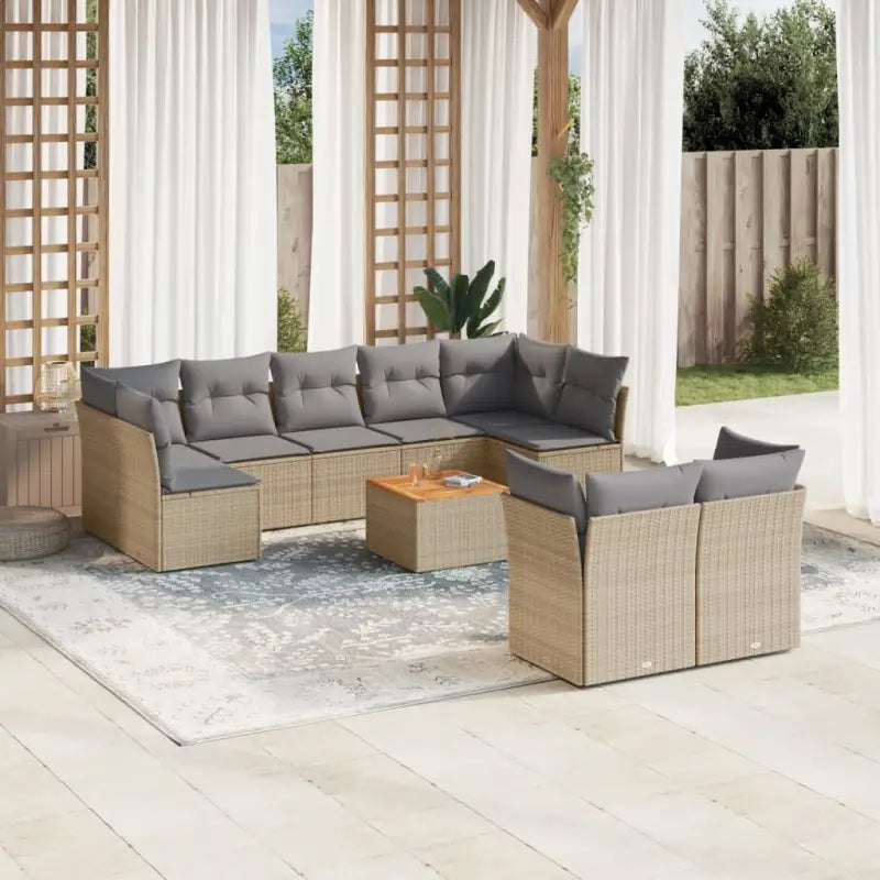 Tuinset met poly rattan en gepoedercoat staal voor buitenplezier - Beige en grijs / 5x midden + 4x hoek + Tafel