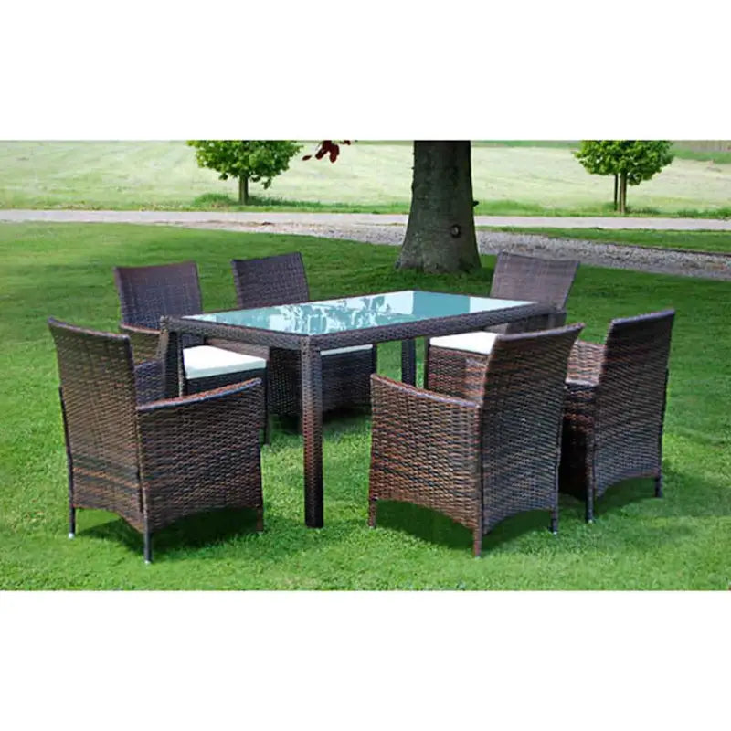 Tuinset met poly rattan en stalen frame voor buitengebruik - Bruin en wit / 150 cm tafellengte - Tuinsets