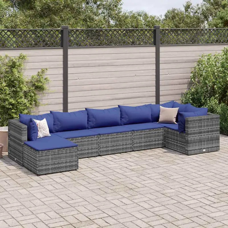 Tuinset van bruin materiaal met gepoedercoat staal en afmetingen - Grijs en blauw / 3x hoek + 3x midden + voetensteun