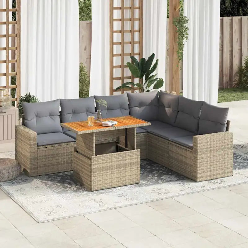 Tuinset van grijs materiaal en gepoedercoat staal voor gezellige buitenruimtes - beige en lichtgrijs / 3x hoek + Tafel