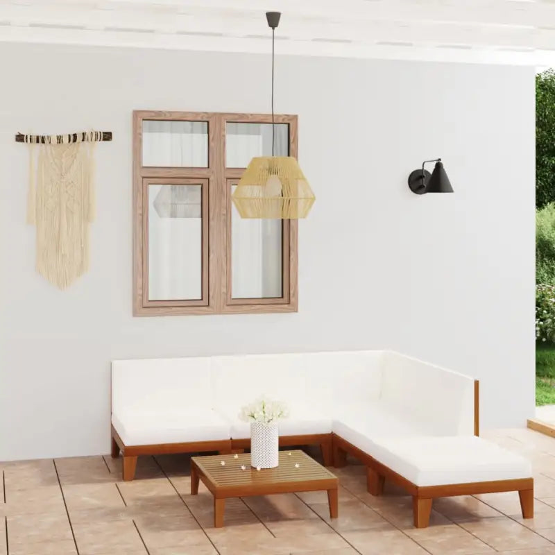 Tuinset van massief acaciahout voor stijl en functionaliteit - Crème / hoek + 3x midden + voetensteun + Tafel - Tuinsets