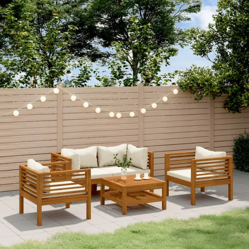 Tuinset van massief acaciahout voor stijlvolle ontspanning - Crème / 2x hoek + 2x Fauteuil + Tafel - Tuinsets