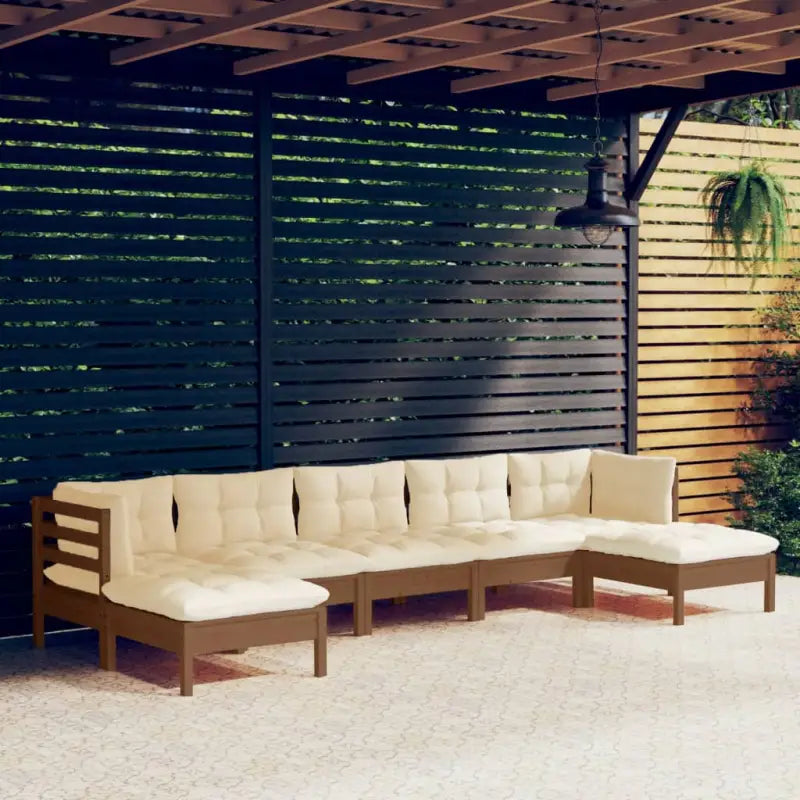 Tuinset van massief grenenhout met voetenbank en comfortabele rug- zijkussens - Honingbruin - Tuinsets