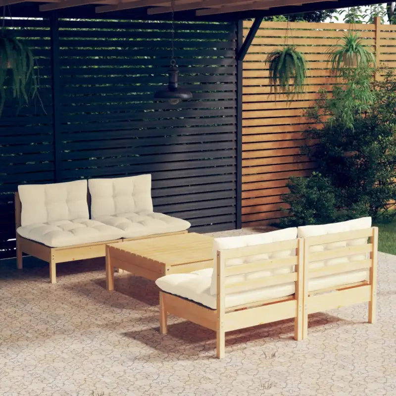 Tuinset van massief grenenhout met voetenbank en tafel voor ontspanning - Bruin en crème - Tuinsets