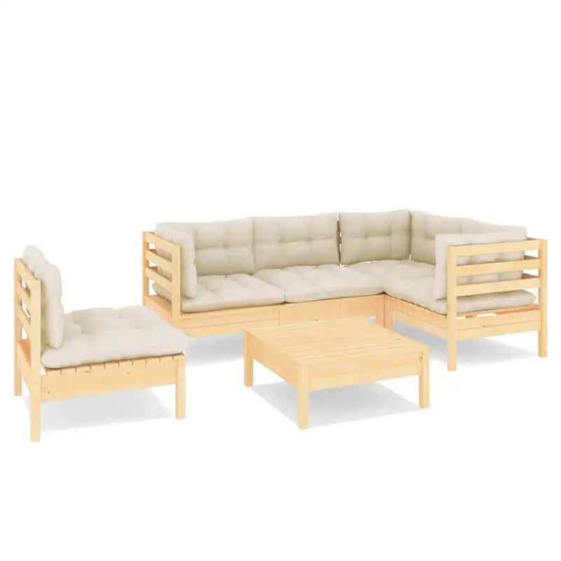 Tuinset van massief grenenhout met voetenbank tafel en rug- zijkussen - Bruin en crème - Tuinsets