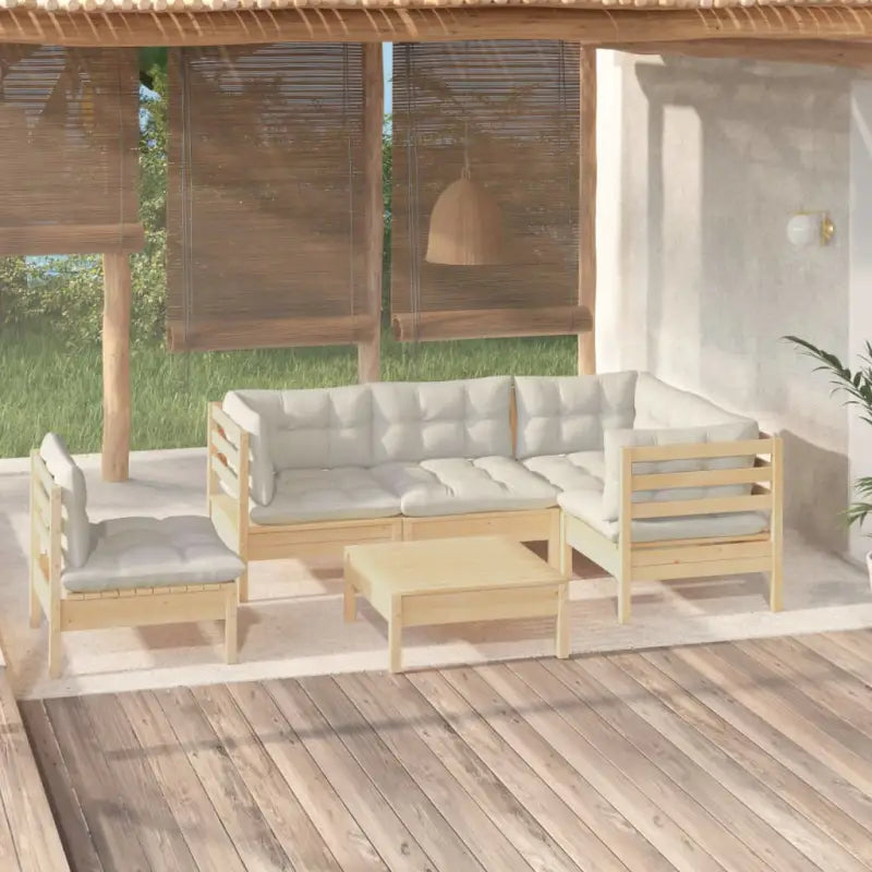 Tuinset van massief grenenhout met voetenbank tafel en rug- zijkussen - Bruin en crème - Tuinsets
