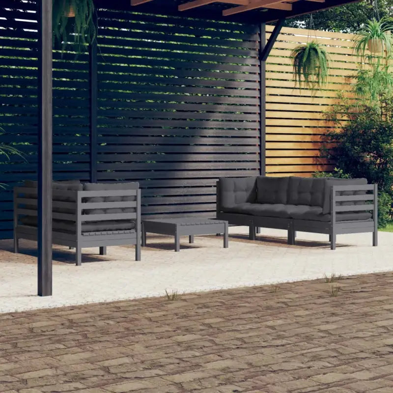 Tuinset van massief grenenhout met voetenbank tafel en rugzijkussens - Grijs - Tuinsets