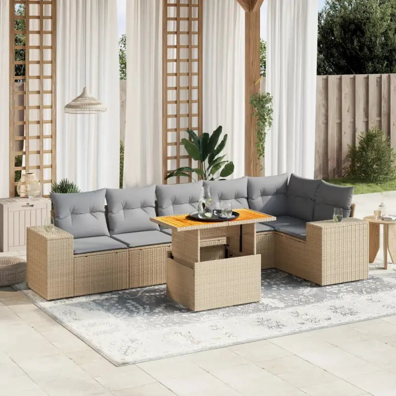 Tuinstoelset in beige materiaal met gepoedercoat staalafmetingen - beige en lichtgrijs / 3x midden + 3x hoek + Tafel