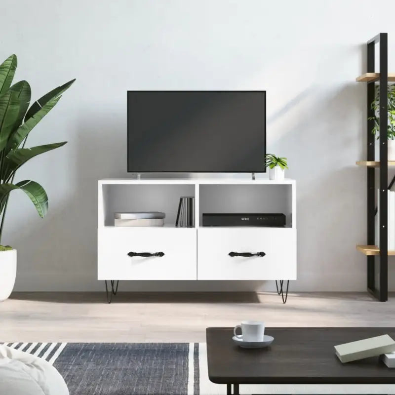 Tv-meubel in grijs Sonoma met bewerkt hout en ijzeren poten - Hoogglans wit / 1 - Tv-meubels