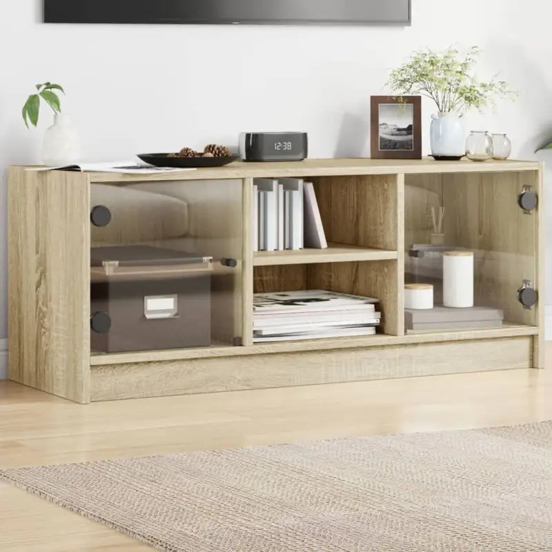 Tv-meubel met glazen deuren en bewerkt hout voor een strakke look - Sonoma eiken / 1 - Tv-meubels