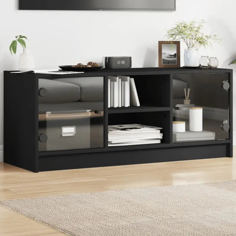 Tv-meubel met glazen deuren en bewerkt hout voor een strakke look - Zwart / 1 - Tv-meubels