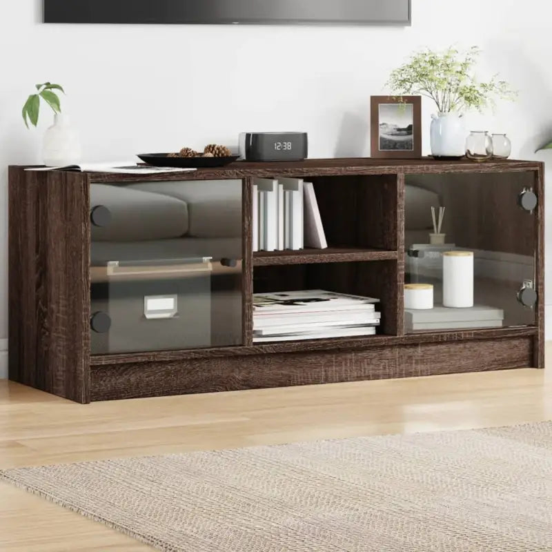 Tv-meubel met glazen deuren en bewerkt hout voor een strakke look - bruin eikenkleur / 1 - Tv-meubels