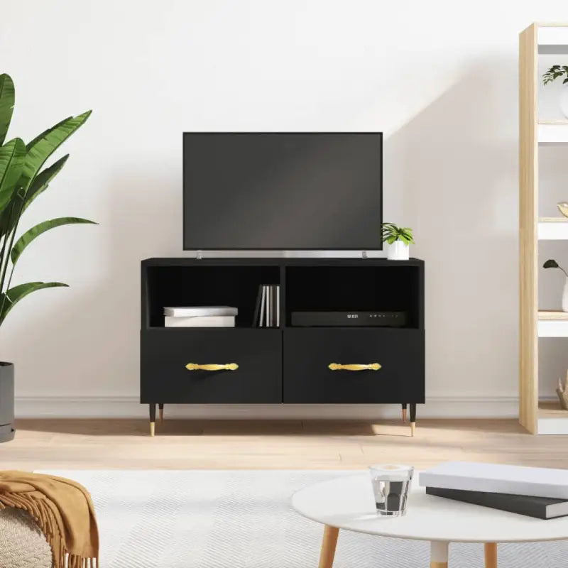 Tv-meubel van bewerkt hout met ijzeren poten in Sonoma Eiken design - Zwart / 1 - Tv-meubels