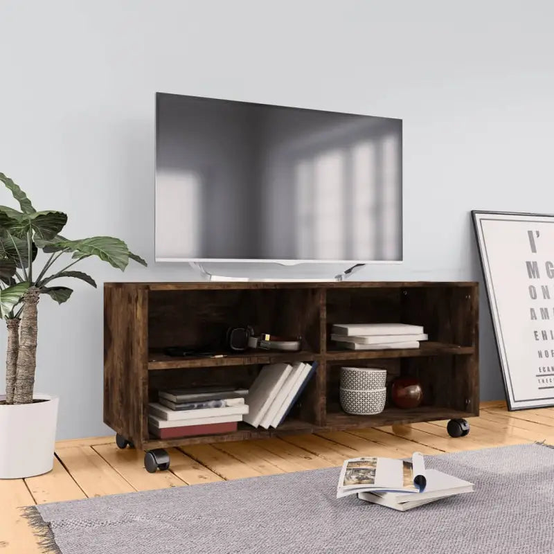 Tv-meubel van bewerkt hout met open vakken en soepel rollende deuren - Gerookt eiken / 1 - Tv-meubels