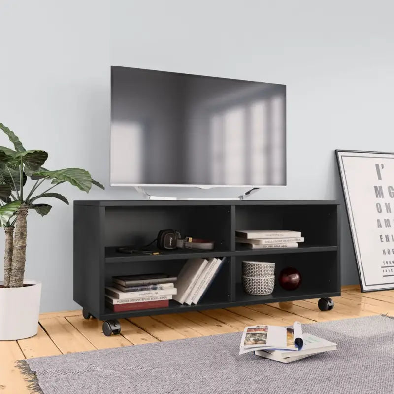 Tv-meubel van bewerkt hout met open vakken en soepel rollende deuren - Zwart / 1 - Tv-meubels