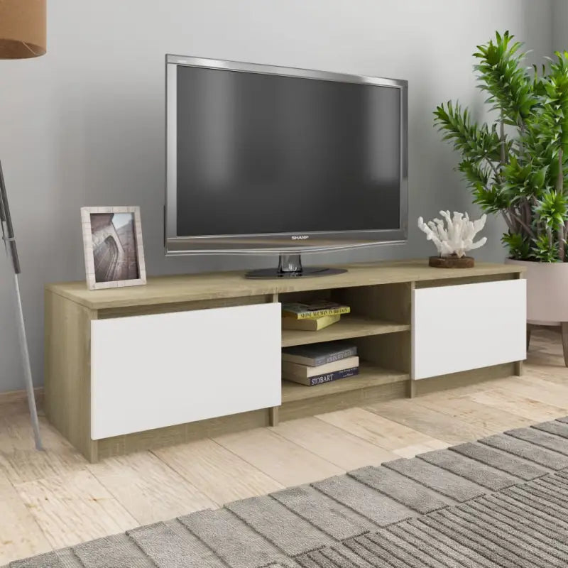 Tv-meubel van bewerkt hout met open vakken voor een klassieke stijl - Wit en sonoma eiken / 1 - Tv-meubels