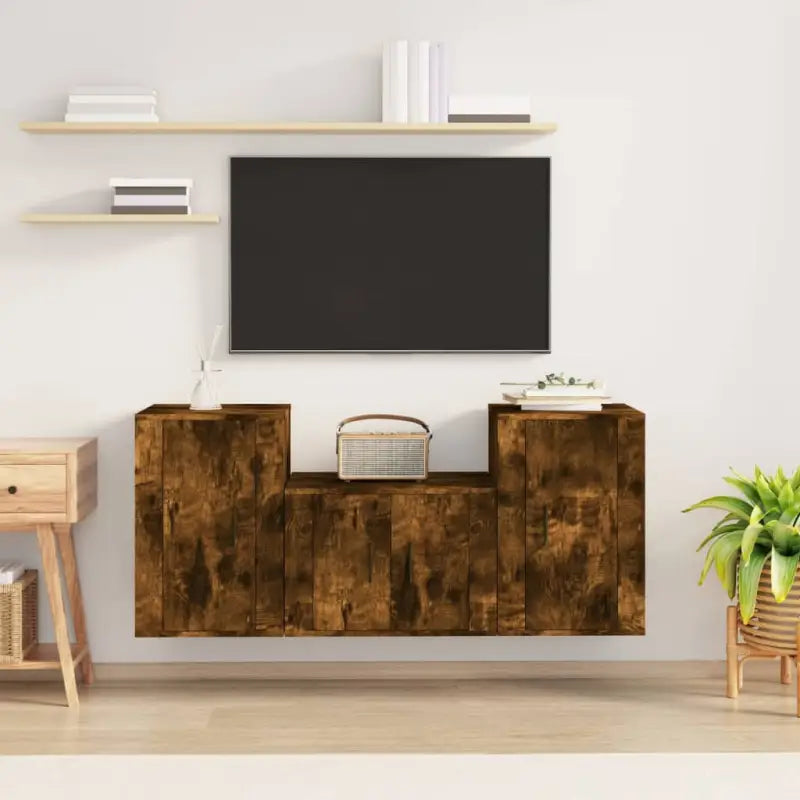 Tv-meubels in grijs sonoma met bewerkt hout voor een trendy uitstraling - Gerookt eiken / 3 - Tv-meubels