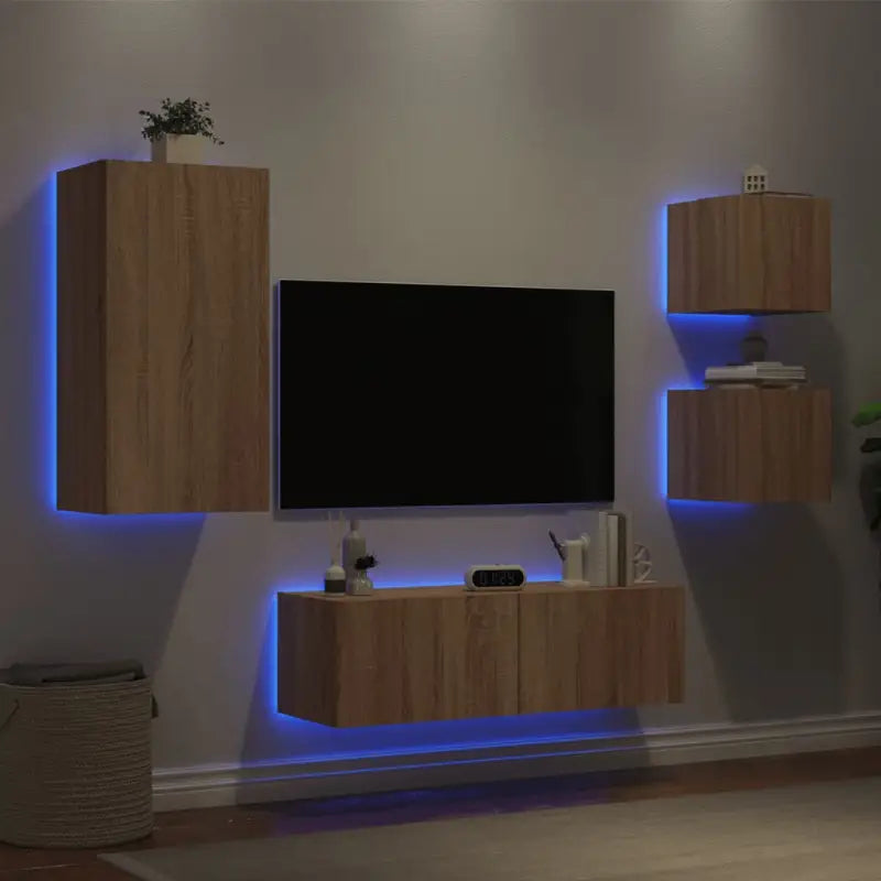 Tv-meubels van bewerkt hout met RGB LED-verlichting in gerookt eiken - Sonoma eiken / 1 - Tv-meubels
