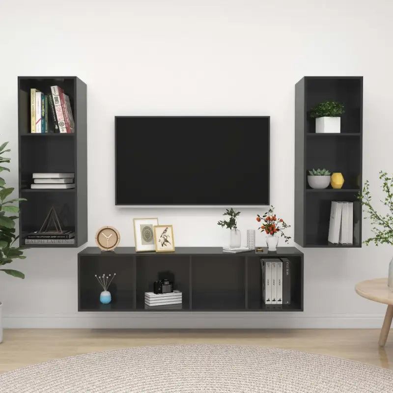 Tv-meubelwand met opbergruimte en muurbevestiging - Hoogglans grijs / 1 - Tv-meubels