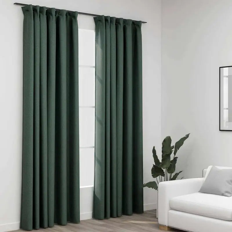 Verduisterende linnen-look gordijnen met metalen haken voor privacy - Groen / 140 x 245 cm / 2 - Gordijnen & vitrages