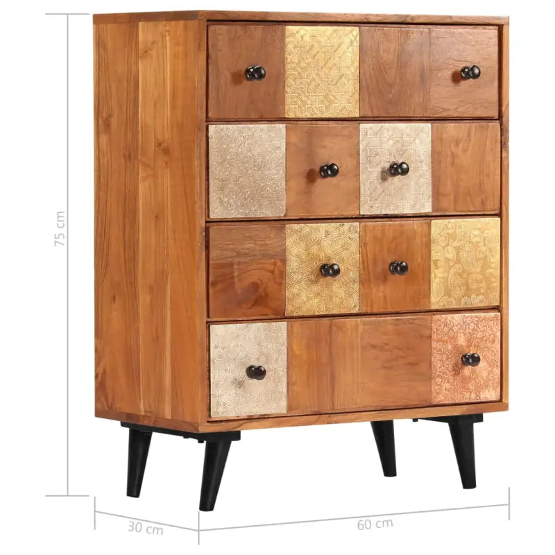 Vintage houten ladekast van massief acaciahout met metalen details - 60 x 30 x 75 cm / 1 - Commodes & ladekasten