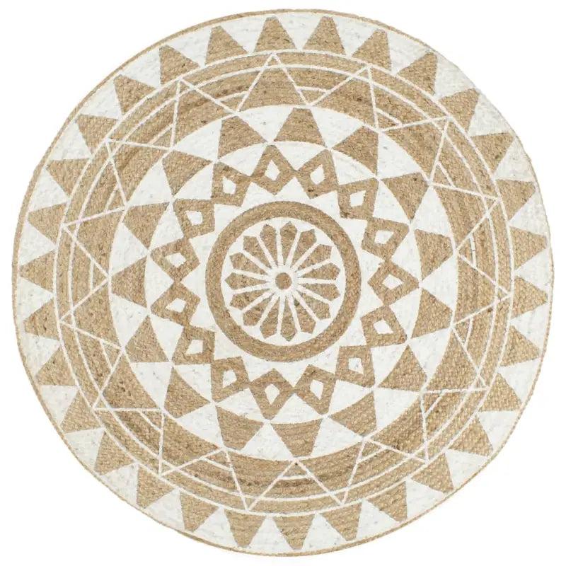 Vloerkleed met driehoek print van gevlochten jute voor een natuurlijke look - 120 cm / Wit bloempatroon - Vloerkleden