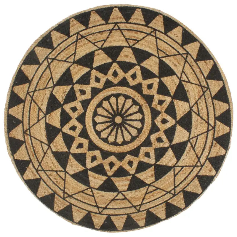 Vloerkleed met driehoek print van gevlochten jute voor een natuurlijke look - 150 cm / Zwart bloempatroon - Vloerkleden